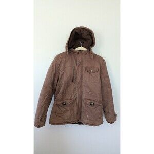 Wenven Mens Jacket XL Chore Coat Brown Fleece Lined Removable Hood Military